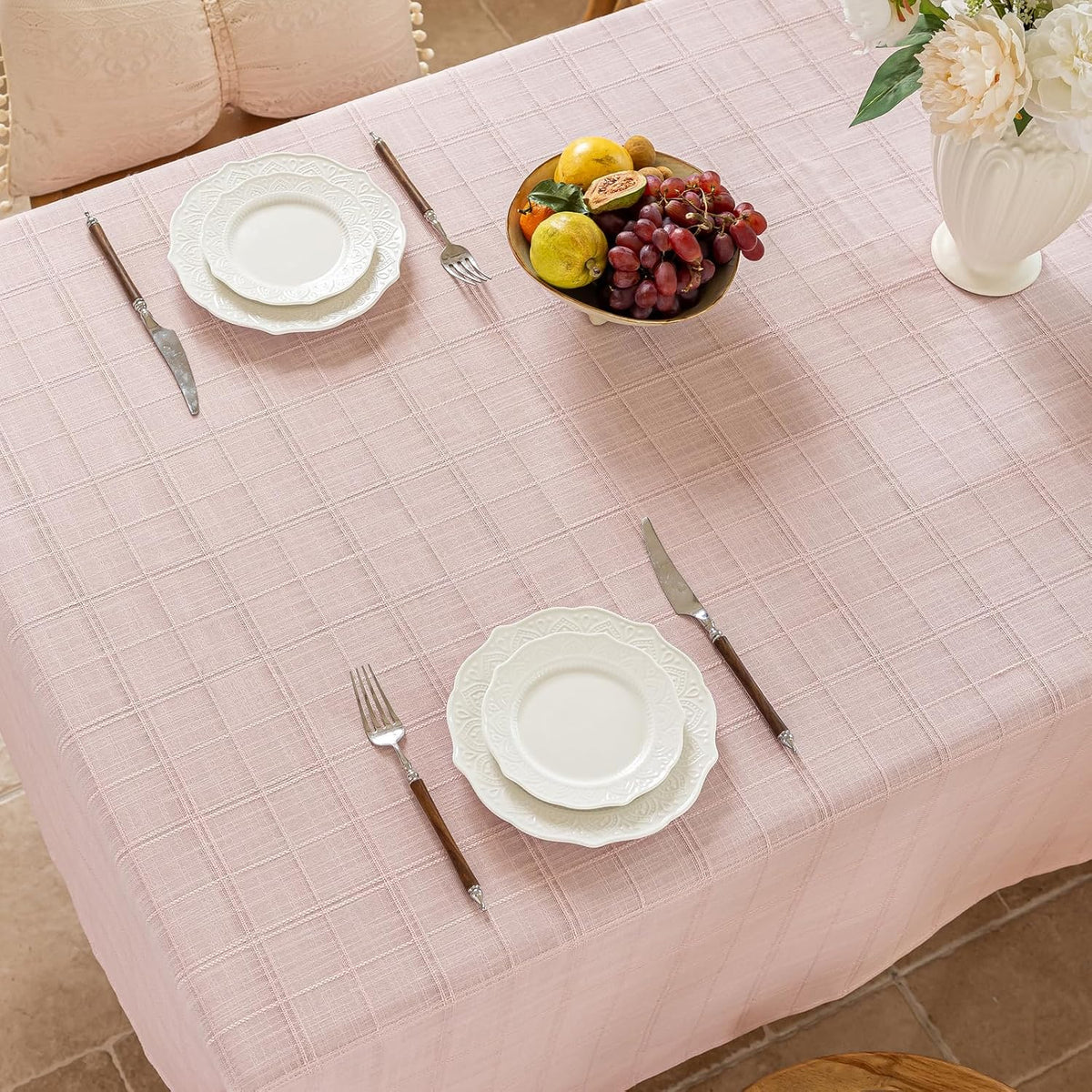 Laolitou Light Pink Embroidered Grid Tablecloth, Wrinkle Resistant, 52"x70"