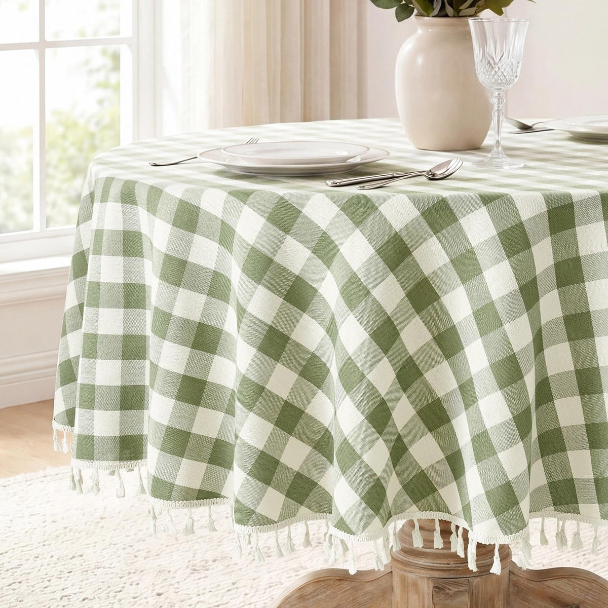 Romanstile Gingham Tassel Tablecloth Rectangle - 55 x 70 Inch, Sage Green