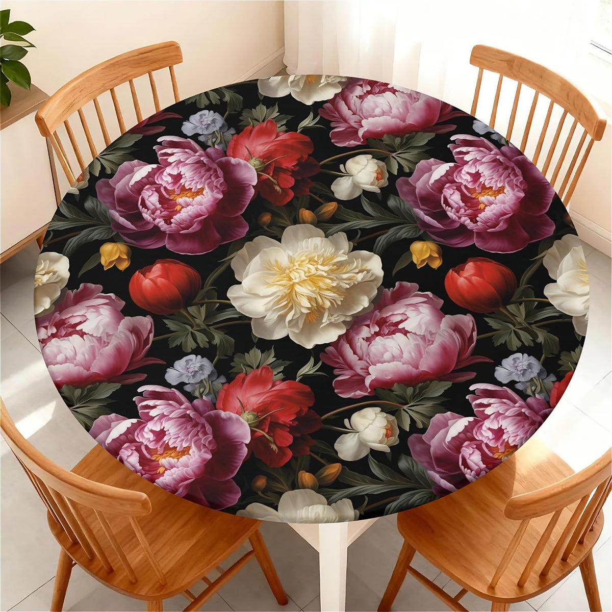Round Fitted Tablecloth with Elastic Edge, Waterproof Stain Resistant Fabric Table Cover for 45"-48" Round Table, Indoor Outdoor Dining, Kitchen Decor, Camping, Party, Holiday, Black White Marble