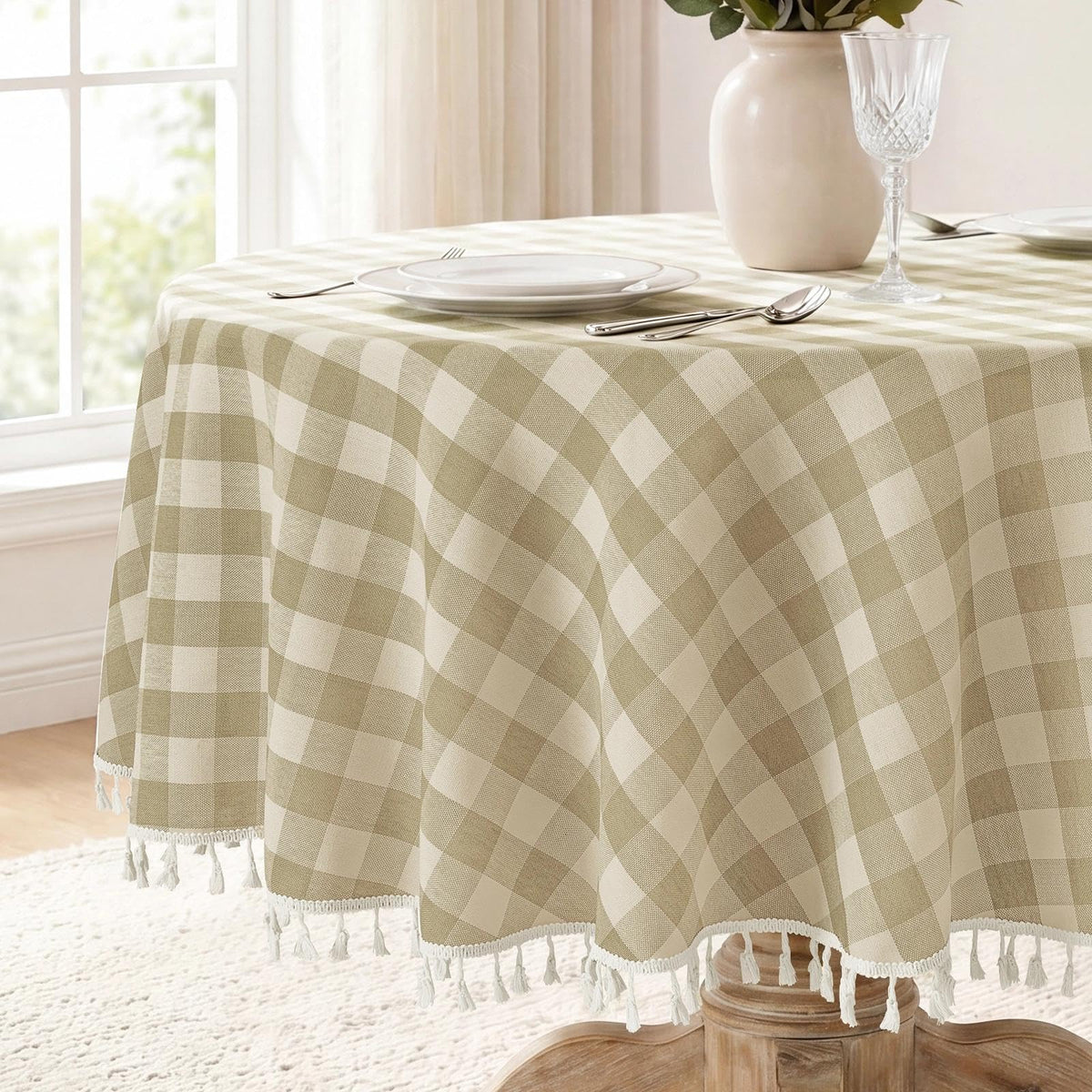 Romanstile Gingham Tassel Tablecloth Rectangle - 55 x 70 Inch, Sage Green