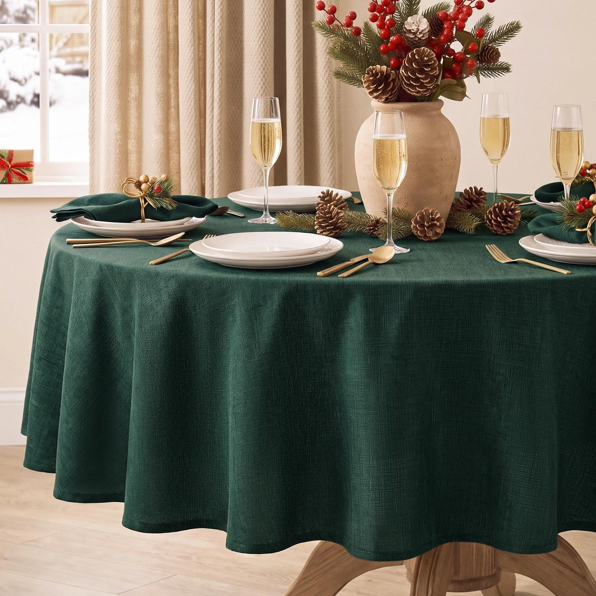 Softalker Faux Linen Round Fall Tablecloth 70 Inch, Autumn Table Cloth with Pumpkin & Maple Leaves, Orange Circle Table Cover Water Resistant for Outdoor, Thanksgiving, Kitchen-Harvest Themed