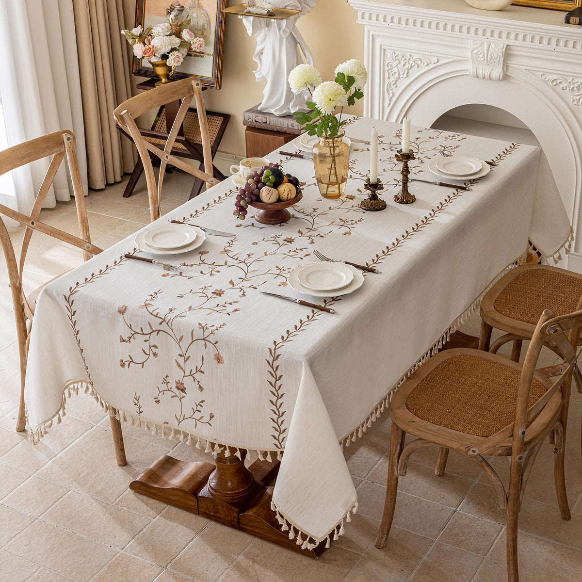 Joyfol Day Rustic Waterproof Linen Tablecloth, Heavy Weight Fern Embroidery Table Cloths for Rectangle Tables, Farmhouse Spill-Proof Table Covers with Tassels, Blue 55''x 70''