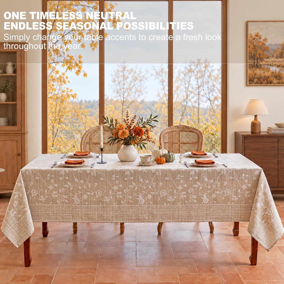 Midsummer Breeze French Country Beige Floral Tablecloth Rectangle 60”x75”