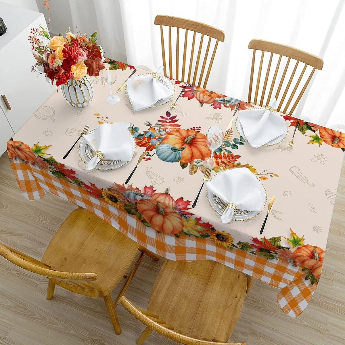 Hexagram Fall Tablecloth 52 x 70 Inches, Plaid Fall Table Cloth Rectangle