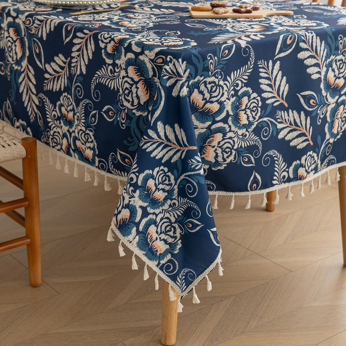 Boho Tablecloth for Square Tables,Fringed Edges with Geometric Pattern Tablecloths,Farmhouse Floral Table Cover Cloth Decorative for Kitchen Dining Room,59"x 59"