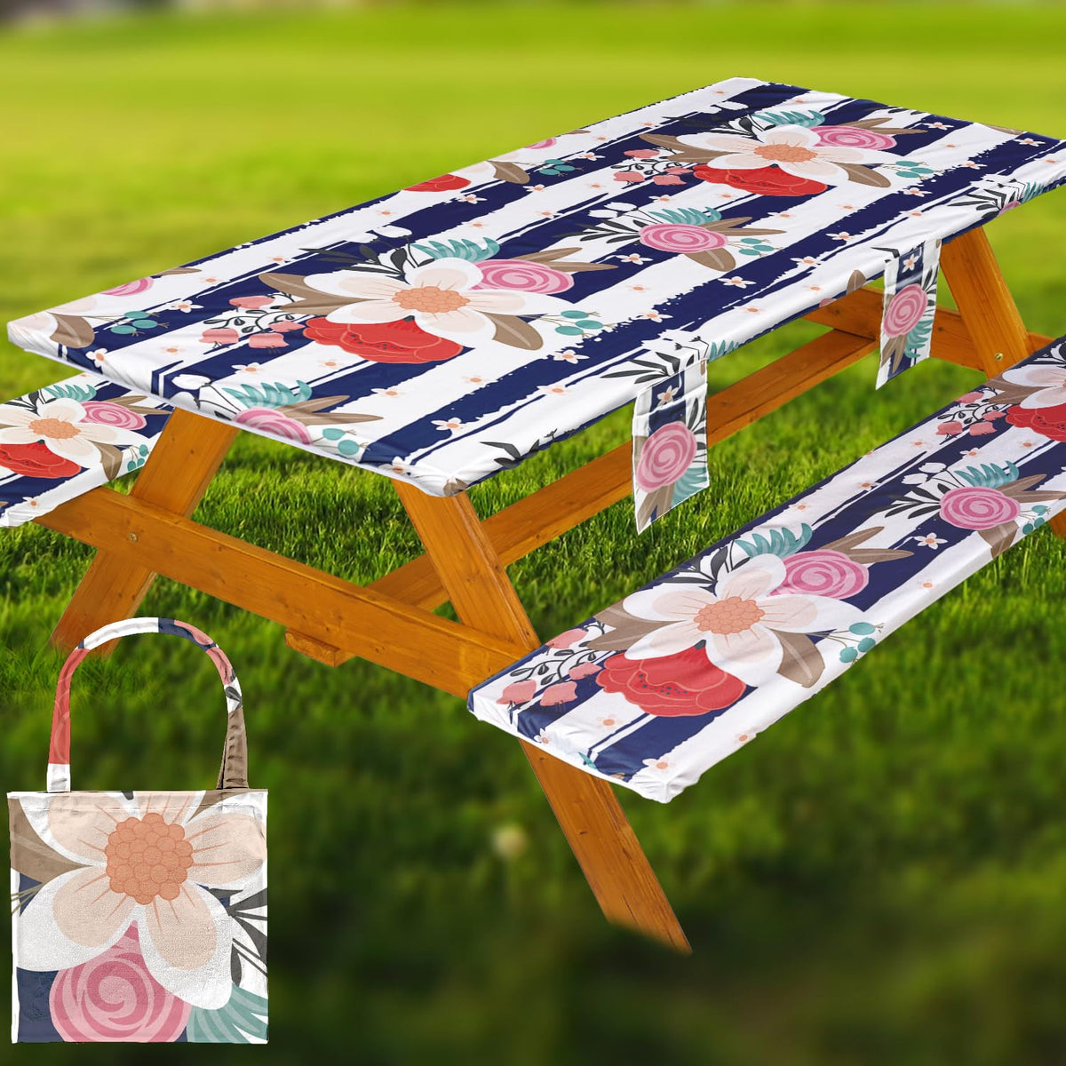 Fitted Picnic Table Cover with Bench Covers Vinyl Waterproof Elastic Edges Fitted Rectangle Tables Patio Tablecloth Camping Gear and Essentials Rv Accessories Road Trip Supplies Car Travel Must Haves