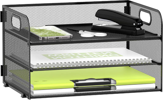 DALTACK 3 Tier Paper Organizer for Desk, Sliding Paper Trays, Black