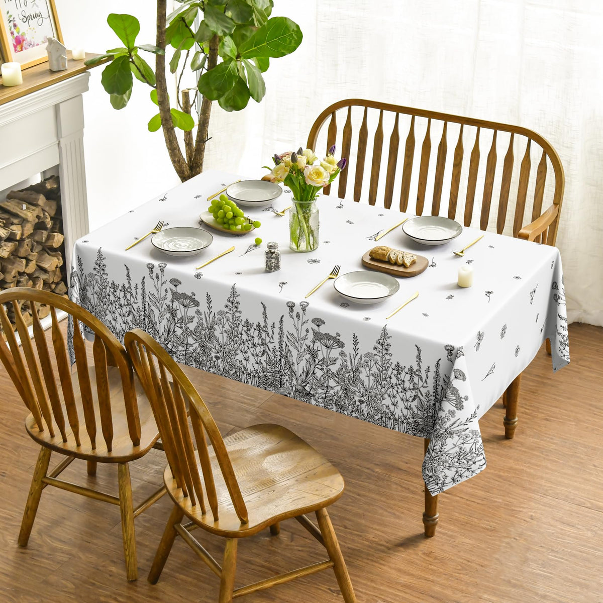 Horaldaily Spring Tablecloth 60 x 84 Inch Rectangular Black Wild Flower