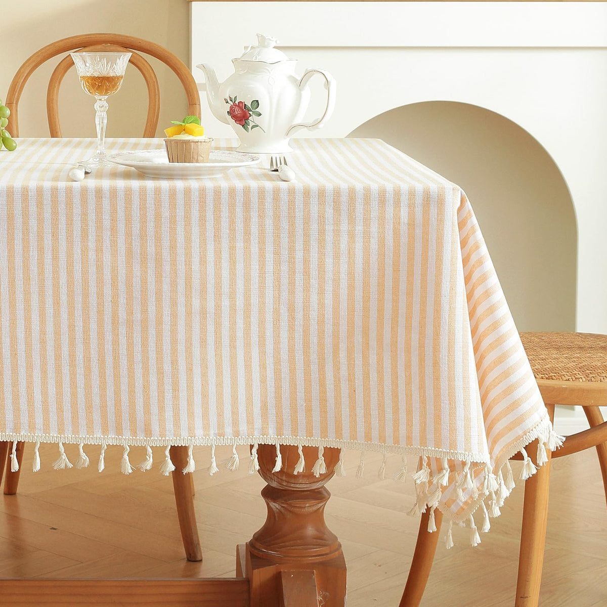 meioro Table Cloth Blue White Striped Tablecloth Tassels Cotton Blend Dust-Proof Table Cover for Dining Coffee Buffet Kitchen Picnic Tables, Parties Indoor Outdoor Square Tablecloths (36x36 Inch)