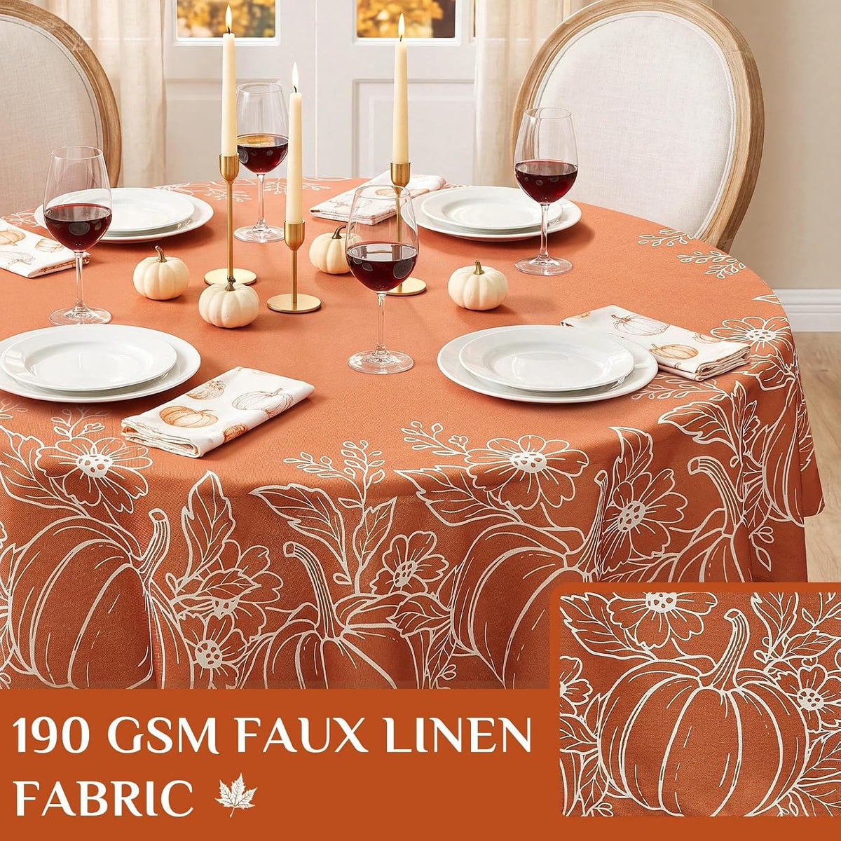 Softalker Faux Linen Round Fall Tablecloth 70 Inch, Autumn Table Cloth with Pumpkin & Maple Leaves, Orange Circle Table Cover Water Resistant for Outdoor, Thanksgiving, Kitchen-Harvest Themed