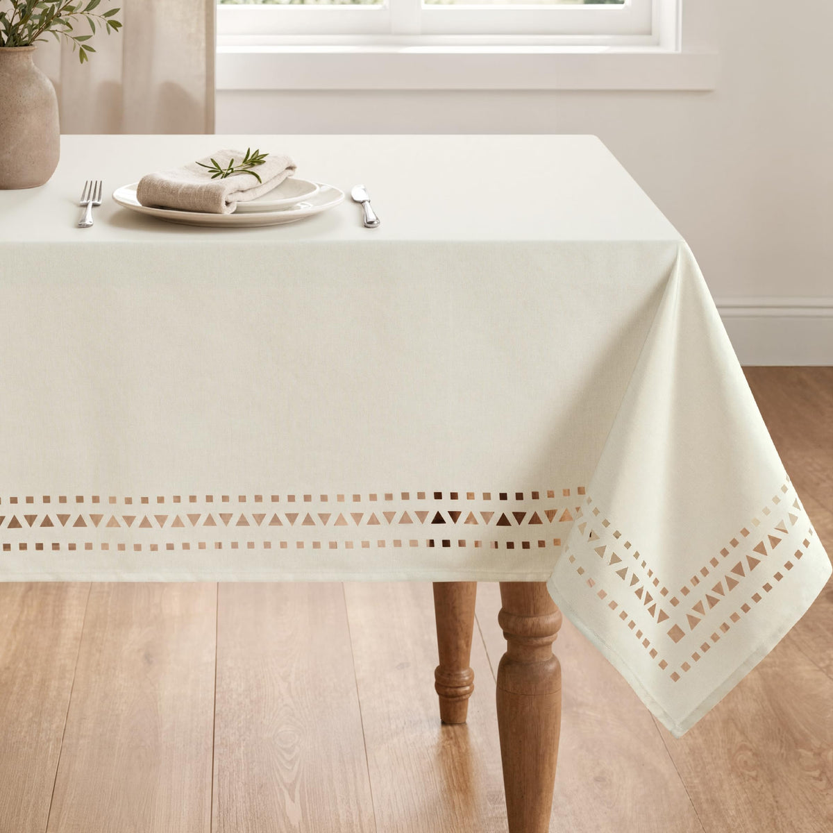MIULEE 60 Inch Round Tablecloth with Decorative Cutouts Beige