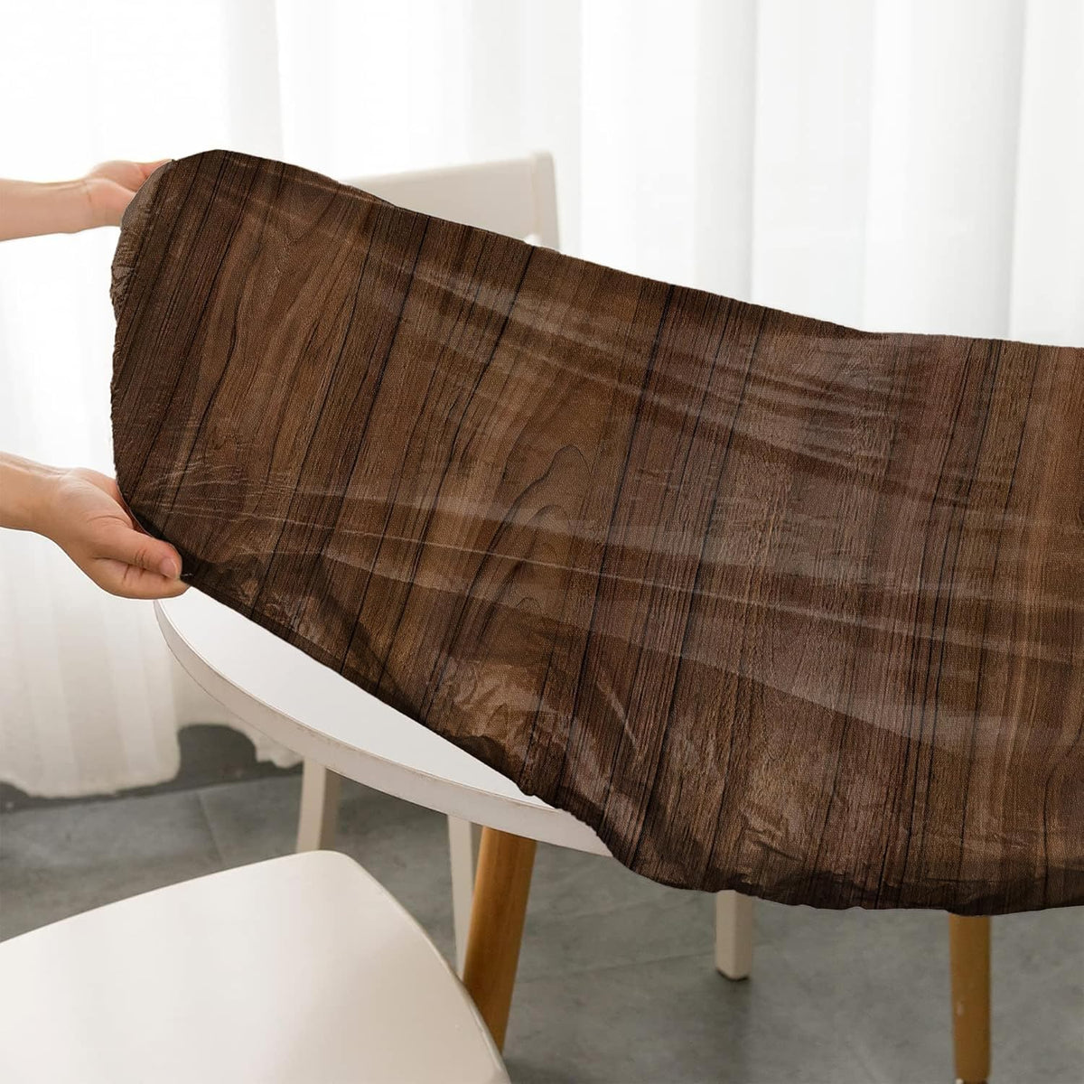 Wood Grain 48 Inch Round Fitted Cloth Tablecloth with Elastic Edged, Waterproof Oil Proof Wipeable Table Cover for Indoor Outdoor Patio Table, Fits Round Tables Up to 46" - 50" Diameter