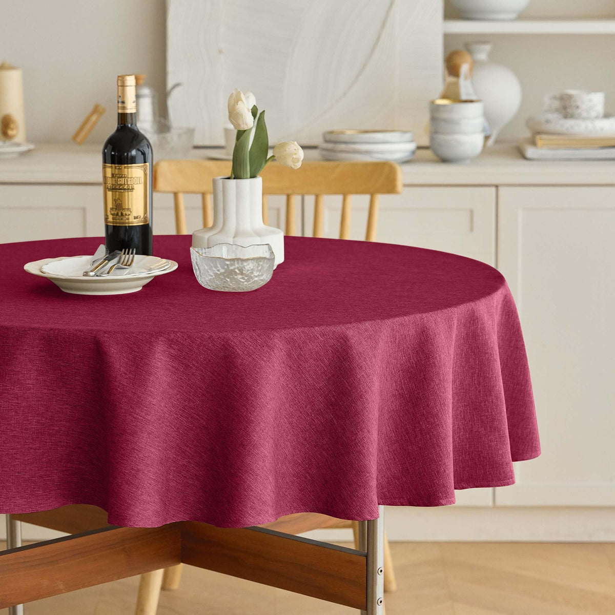 Decorelia Waterproof Round Tablecloth for Round Dining Table, Decorative Rustic Soft Wipeable Table Cloths Cover Indoor Outdoor Use for Holiday,Wedding, Kitchen (70 Inch,Round (4-6 Seats),Beige)