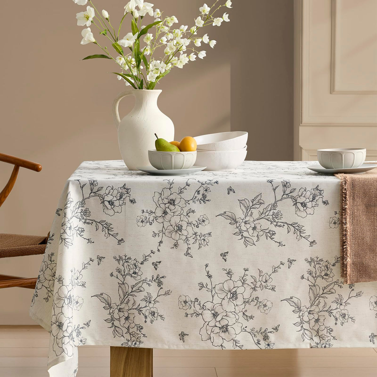 Green Floral Tablecloth Vintage French Rustic Linen Tablecloth Rectangular