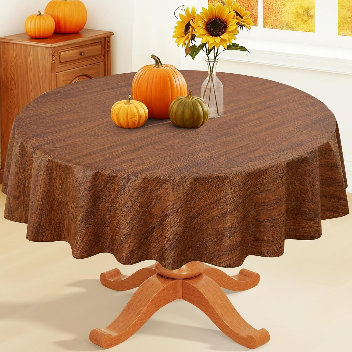 Smiry Rectangle Table Cloth, Waterproof Vinyl Tablecloths with Flannel Backing, Wipeable Spillproof Plastic Wood Grain Table Cover for Dining, Indoor and Outdoor (Beige, 60 "x 84")