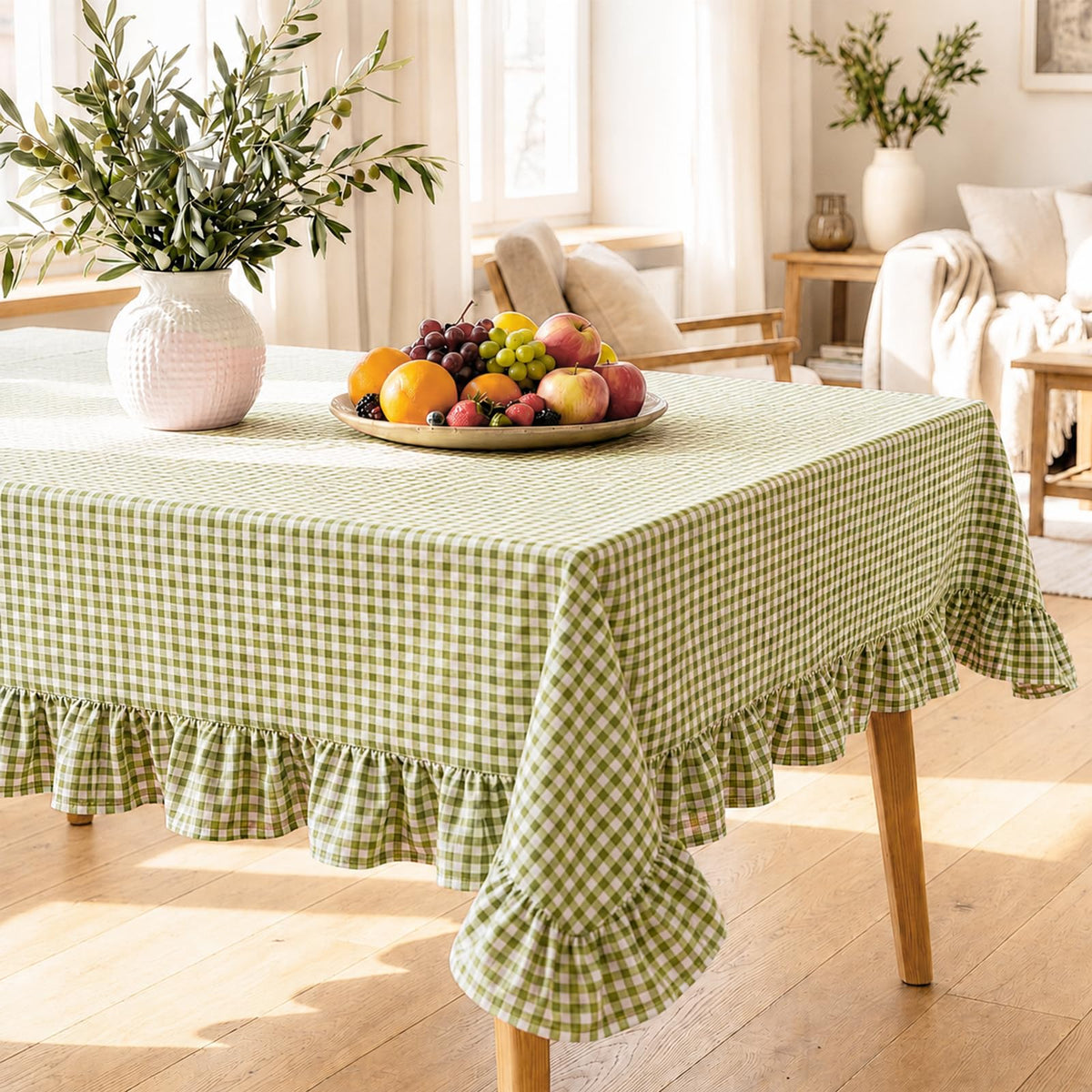 Green White Gingham Ruffled Tablecloth Rectangle 55" x 70" Farmhouse Cotton Plaid Table Cloth with Short Ruffle, Checker Table Cover for Boho Dining Room Kitchen Picnic Home Party Decoration