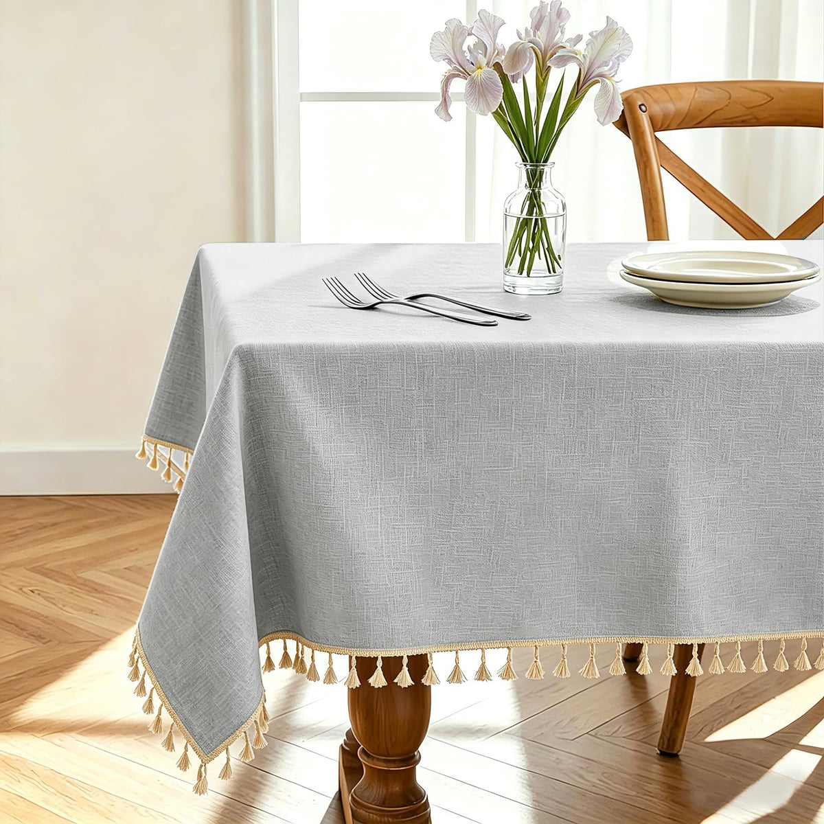 Alsoo Ivory Tablecloth Rectangle Linen Cotton Texture, Waterproof Heavy Duty Farmhouse Wrinkle Free Table Cloth with Tassel for Kitchen Dining Holiday Party, 55" x 75"