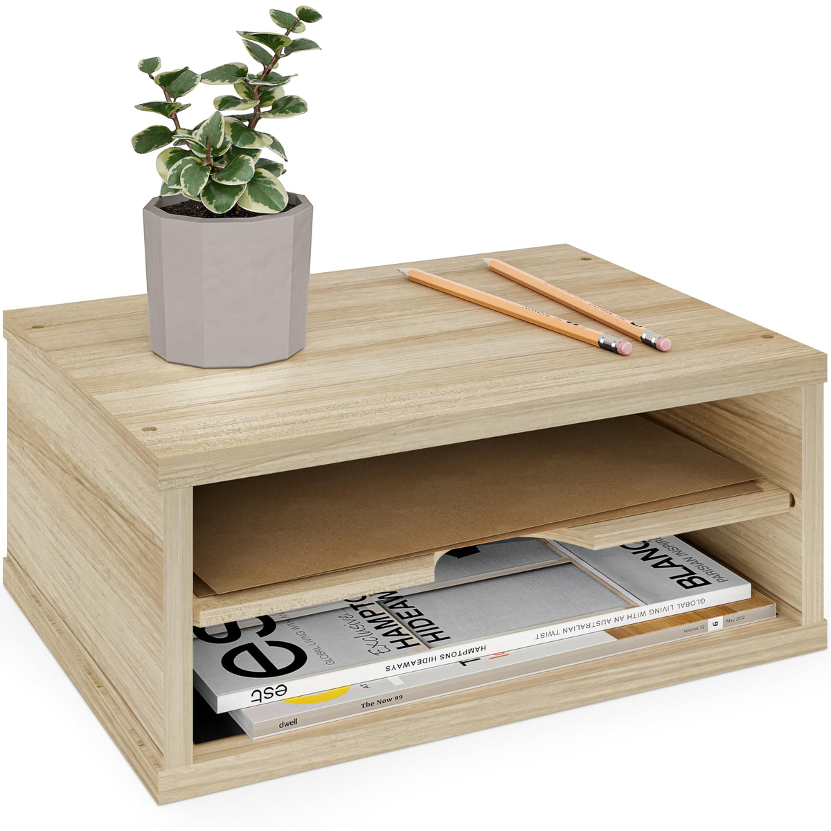 Ballucci File Organizer, 2-Tier Document Paper Sorter, Stackable Wood Desk Organizer Mail Holder, Monitor Stand with Storage Shelves, Black