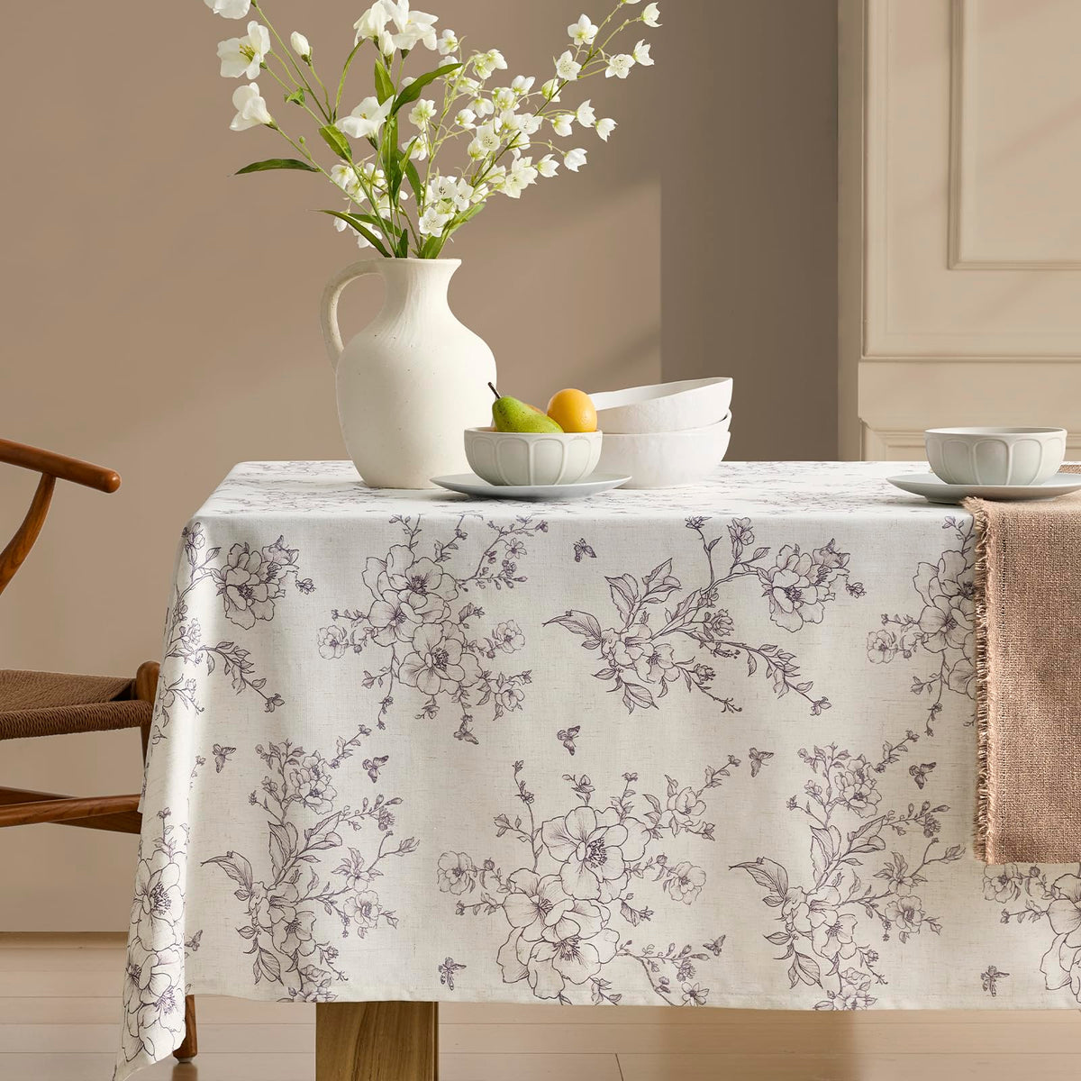 Green Floral Tablecloth Vintage French Rustic Linen Tablecloth Rectangular