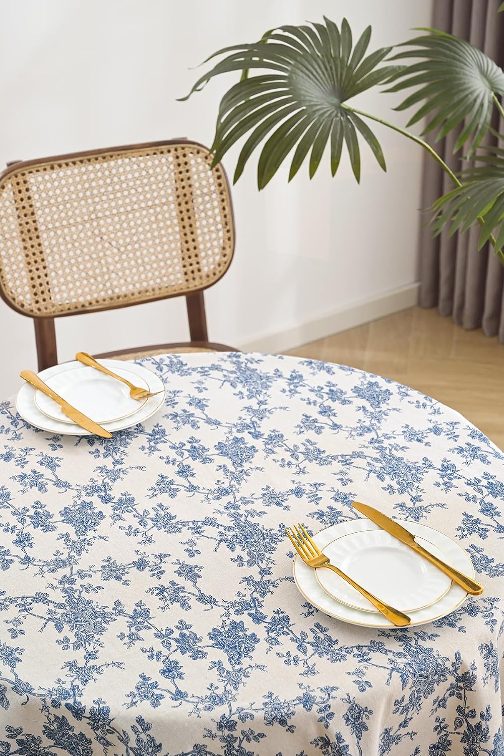 Cotton Linen Round Tablecloth, Blue Floral Table Cloth Round 47"