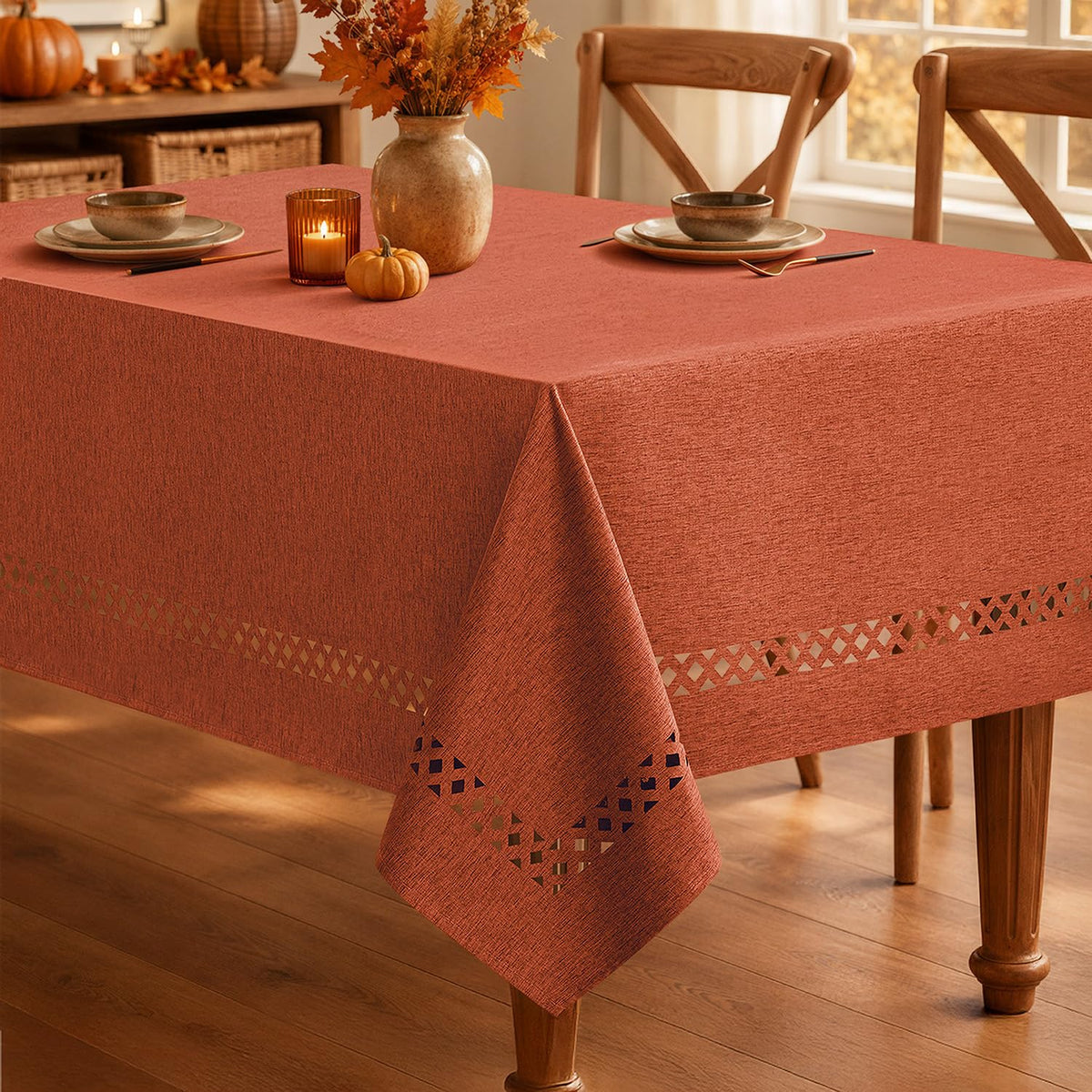 MIULEE Beige 60 Inch Round Linen Tablecloth with Decorative Cutouts