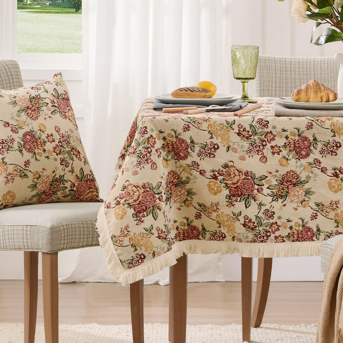 Farmhouse Floral Tablecloths Rectangular Vintage Table Cloth with Tassel