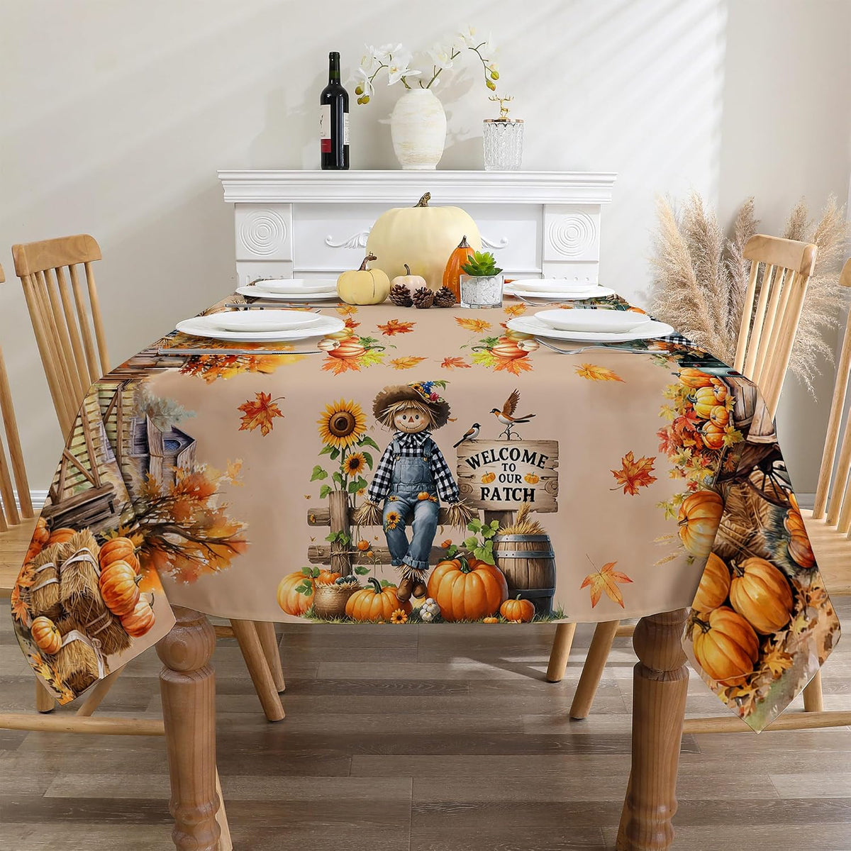 Fall Tablecloth 60x84 Inch Rectangle - Scarecrow Fall Decor