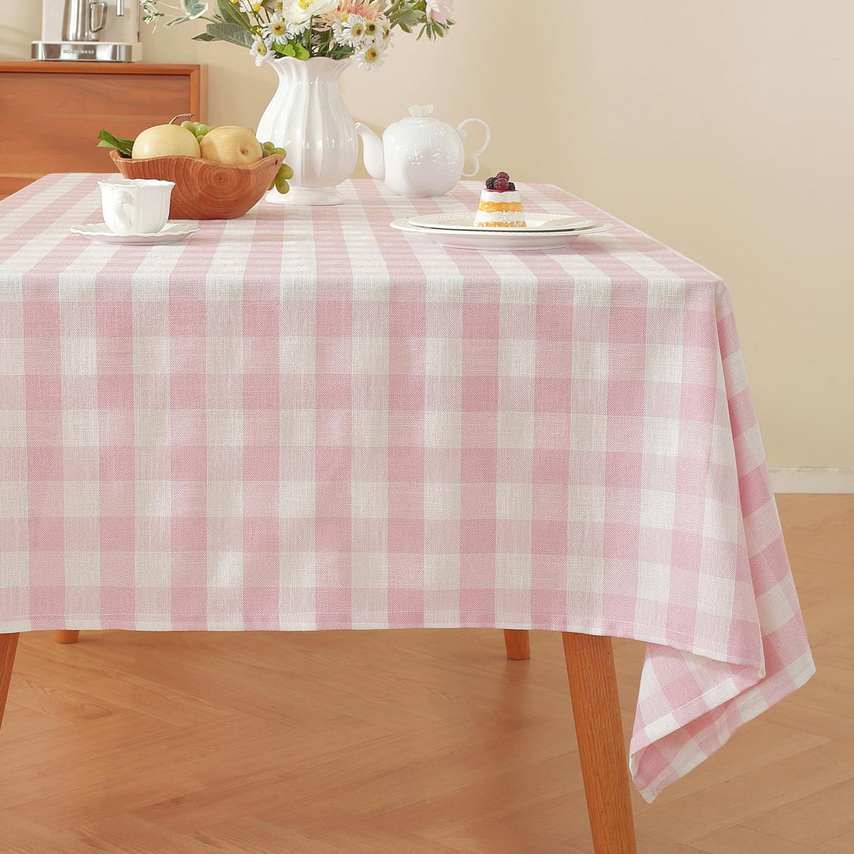 Alsoo Checkered Tablecloth Rectangle Washable Buffalo Plaid Table Cloth Cotton Linen Gingham Table Cover for Picnic Kitchen Dining Room, Beige and White, 60 * 75