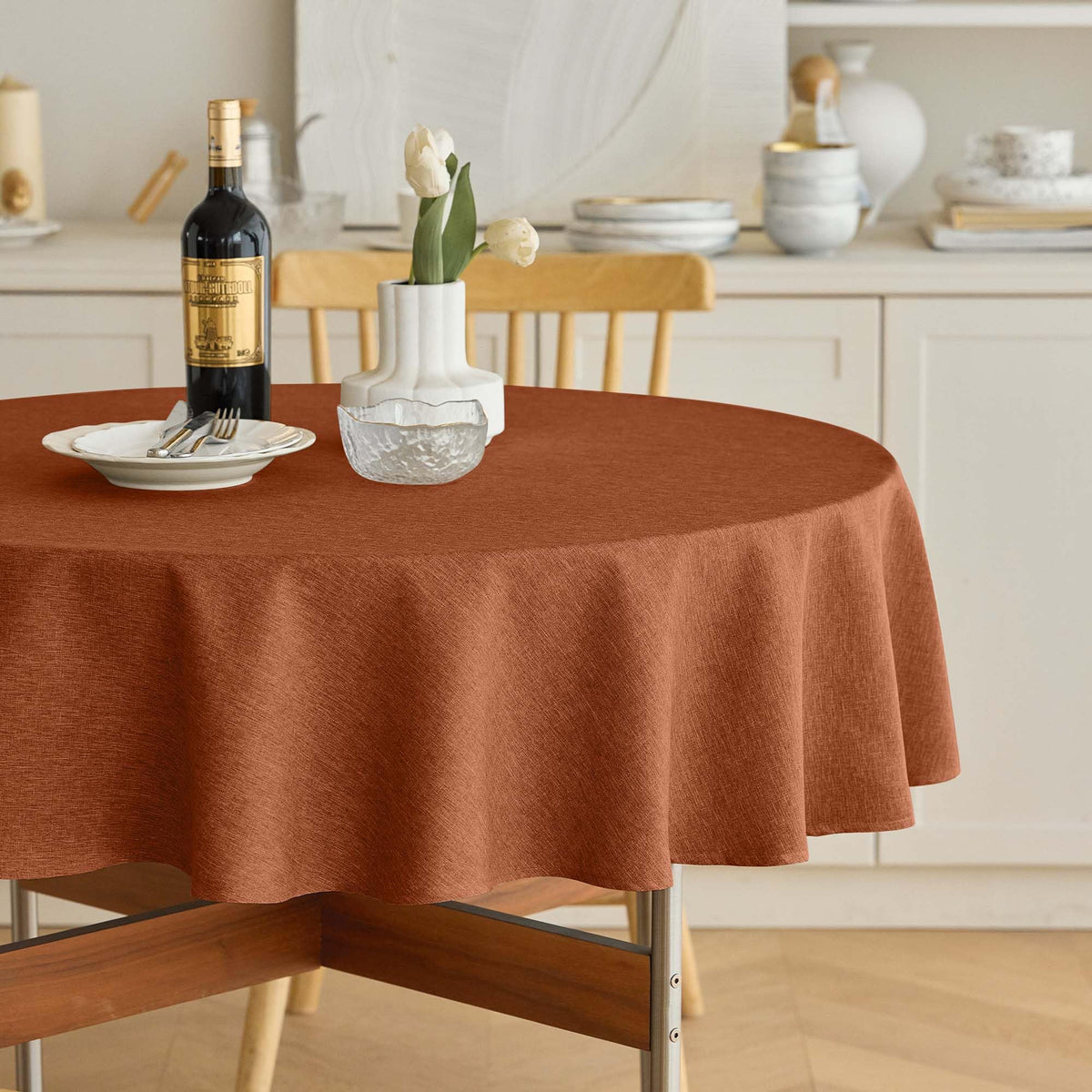 Decorelia Waterproof Round Tablecloth for Round Dining Table, Decorative Rustic Soft Wipeable Table Cloths Cover Indoor Outdoor Use for Holiday,Wedding, Kitchen (70 Inch,Round (4-6 Seats),Beige)