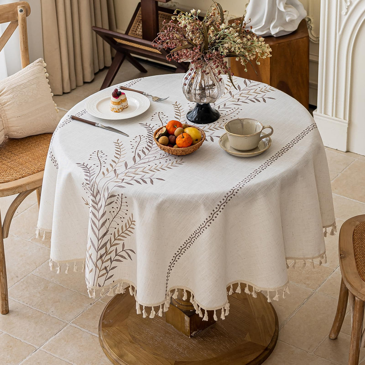 Joyfol Day Rustic Waterproof Linen Tablecloth, Heavy Weight Fern Embroidery Table Cloths for Rectangle Tables, Farmhouse Spill-Proof Table Covers with Tassels, Blue 55''x 70''