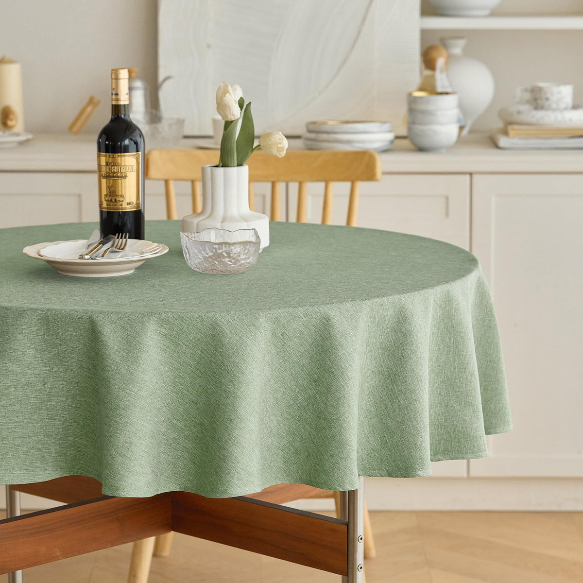 Decorelia Waterproof Round Tablecloth for Round Dining Table, Decorative Rustic Soft Wipeable Table Cloths Cover Indoor Outdoor Use for Holiday,Wedding, Kitchen (70 Inch,Round (4-6 Seats),Beige)