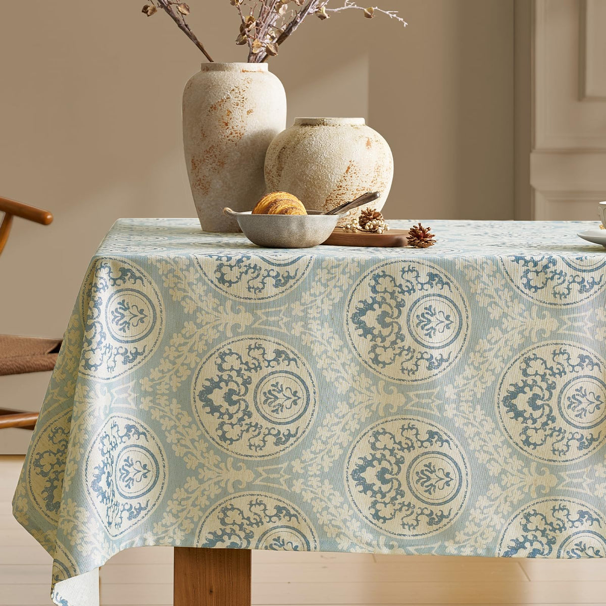Green Floral Tablecloth Vintage French Rustic Linen Tablecloth Rectangular