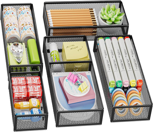 Marbrasse 5 Pack Desk Drawer Organizer Set, Mesh Drawer Storage Trays with 1 Adjustable Divider, Desk Organizers and Accessories, 5 PCS Drawer for Office Supplies, Makeup & Vanity (Black)
