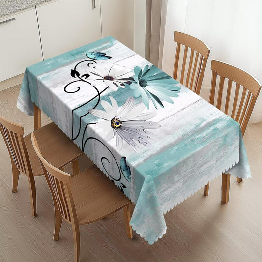 Teal Daisy Tablecloth Washable Farm Teal Daisy Table Cover Floral Flowers and Butterfly Rectangle Table Cloth for Party Picnic Dinner Outdoors Home Decor 54x72Inches