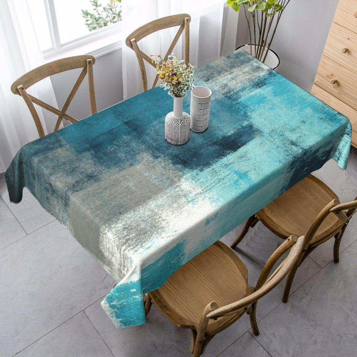 Teal and Grey Table Cloth Turquoise Tablecloth Rectangle Washable Table Cover for Decoration Kitchen Dining Room 60x90 Inch