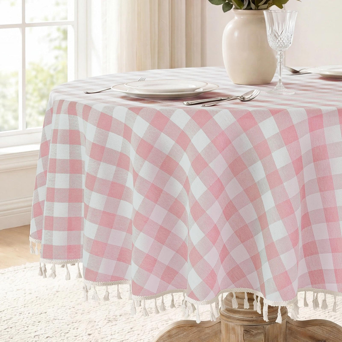 Romanstile Gingham Tassel Tablecloth Rectangle - 55 x 70 Inch, Sage Green
