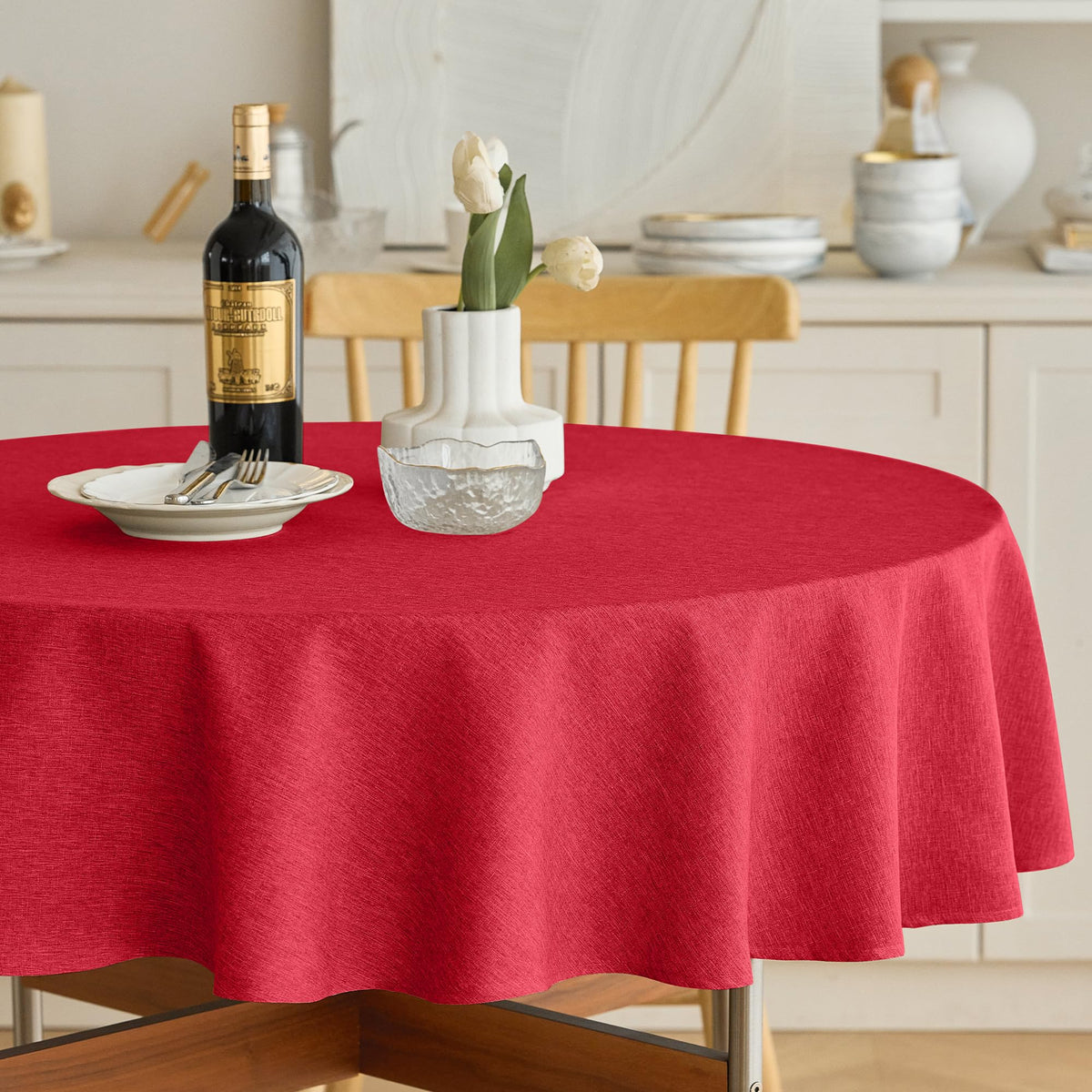 Decorelia Waterproof Round Tablecloth for Round Dining Table, Decorative Rustic Soft Wipeable Table Cloths Cover Indoor Outdoor Use for Holiday,Wedding, Kitchen (70 Inch,Round (4-6 Seats),Beige)
