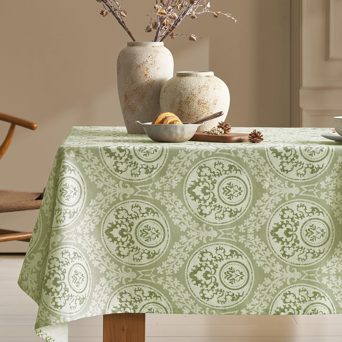 Green Floral Tablecloth Vintage French Rustic Linen Tablecloth Rectangular