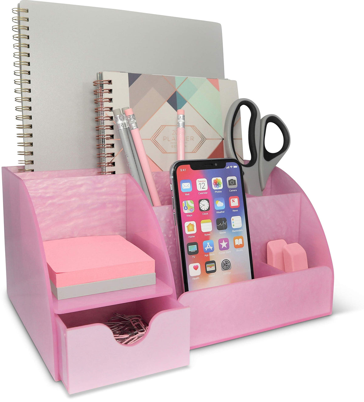 My Space Organizers Clear Acrylic Desk Oganizer, 9 Compartments, Office Supplies and Desk Accessories Organizer, Home Decor Desktop Organizer (Clear)