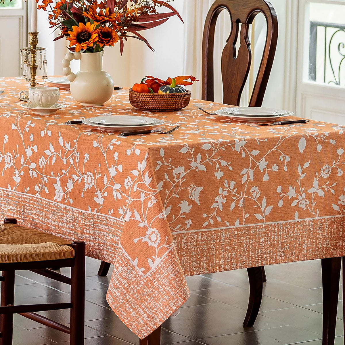 Midsummer Breeze French Country Beige Floral Tablecloth Rectangle 60”x75”
