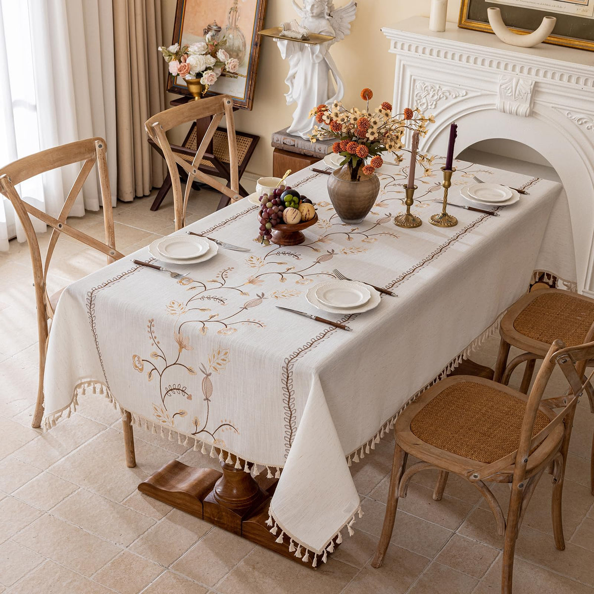 Joyfol Day Rustic Waterproof Linen Tablecloth, Heavy Weight Fern Embroidery Table Cloths for Rectangle Tables, Farmhouse Spill-Proof Table Covers with Tassels, Blue 55''x 70''