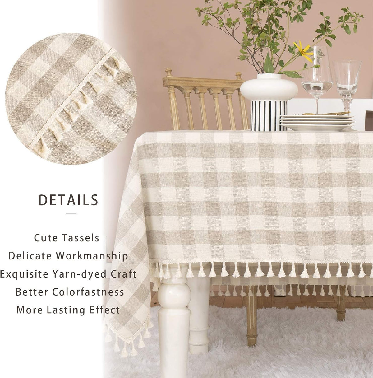 Midsummer Breeze Farmhouse Gray Khaki Gingham Tablecloth Rectangle 55”x70”