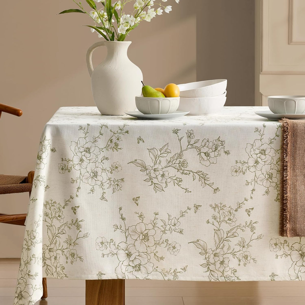 Green Floral Tablecloth Vintage French Rustic Linen Tablecloth Rectangular
