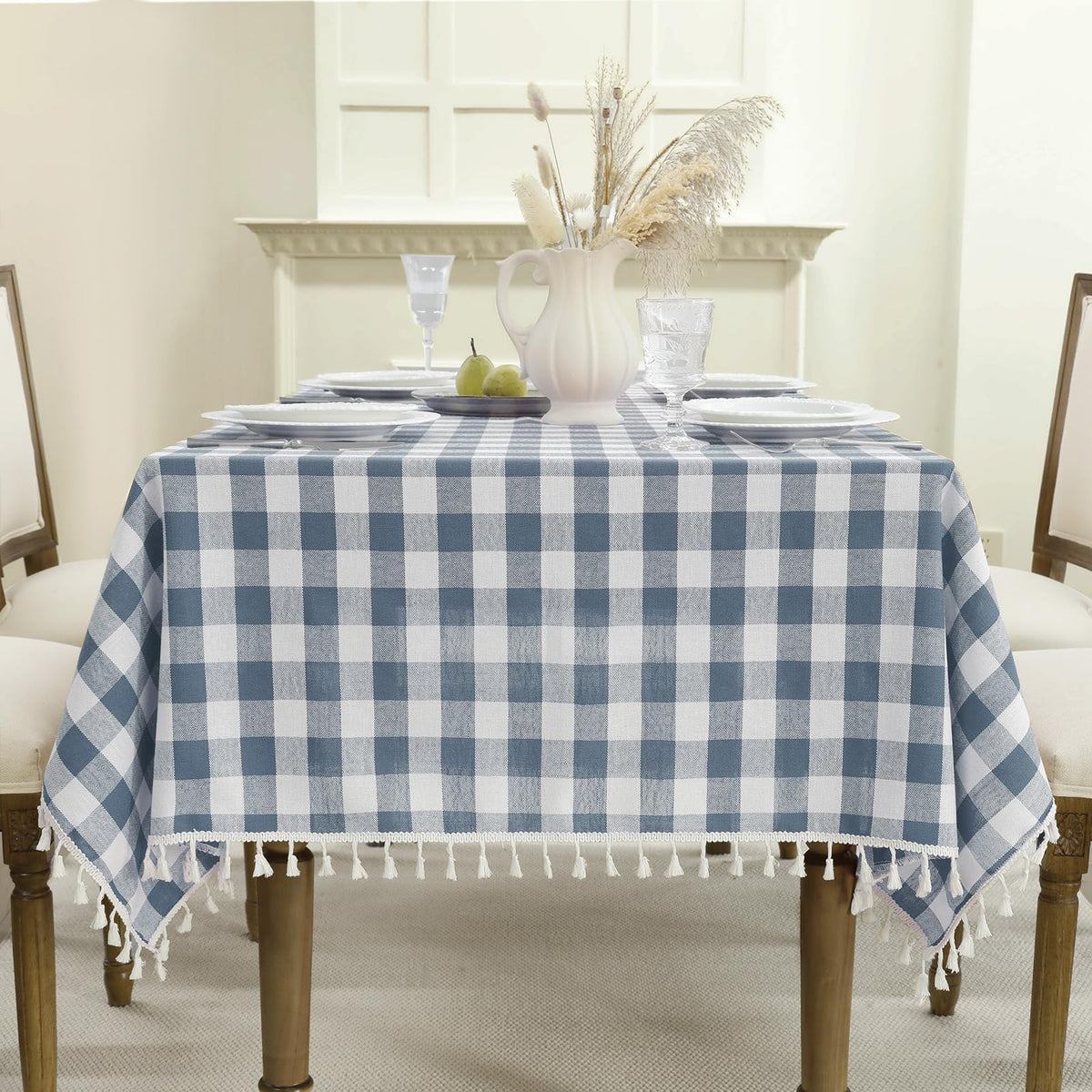 Romanstile Gingham Tassel Tablecloth Rectangle - 55 x 70 Inch, Sage Green