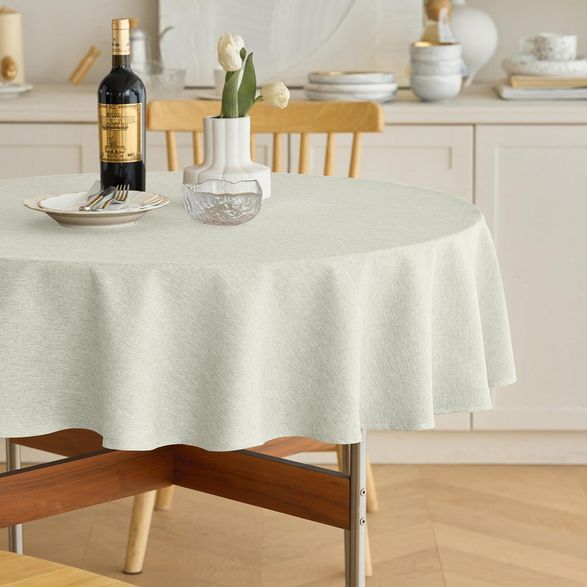 Decorelia Waterproof Round Tablecloth for Round Dining Table, Decorative Rustic Soft Wipeable Table Cloths Cover Indoor Outdoor Use for Holiday,Wedding, Kitchen (70 Inch,Round (4-6 Seats),Beige)