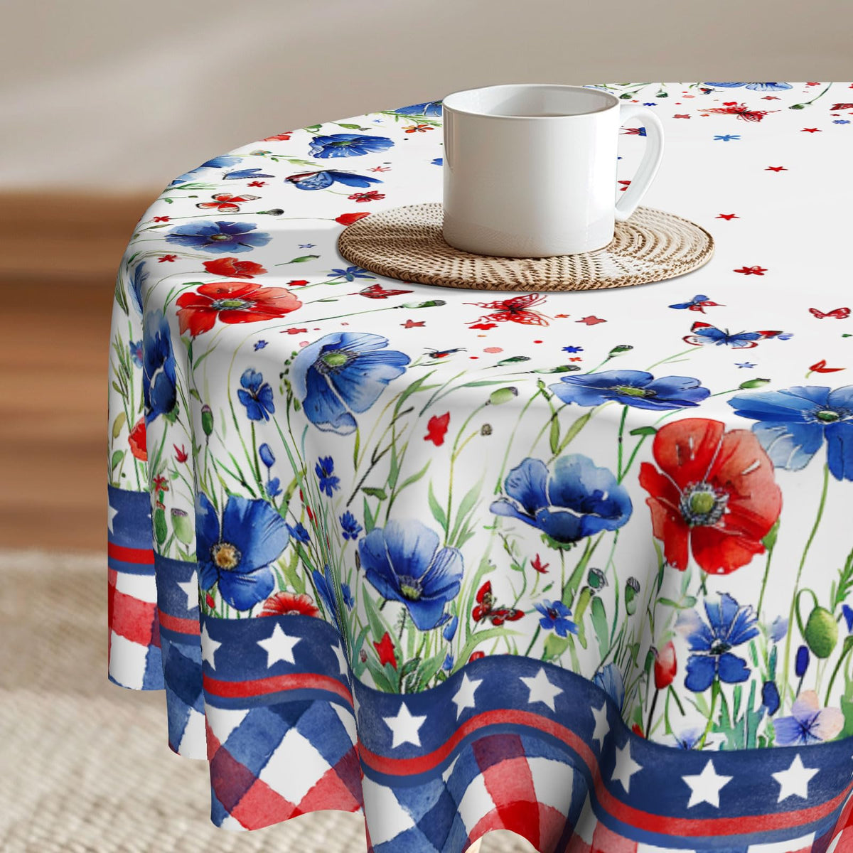 Imiss Floral Round Tablecloth Durable Washable Table Cover Bohemian Blue Red Floral Branches Decorative Farmhouse Table Cloth 60 Inch for Kitchen Dining Party Camping