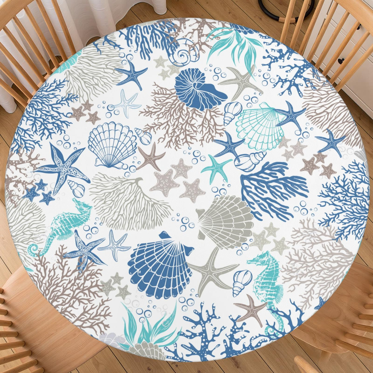 Fall Round Fitted Tablecloth with Elastic Edge Orange Blue White Thanksgiving Pumpkin Table Cover 40-44 Inch Autumn Leaf Washable Table Cloth for Kitchen Dining Room Party Decor