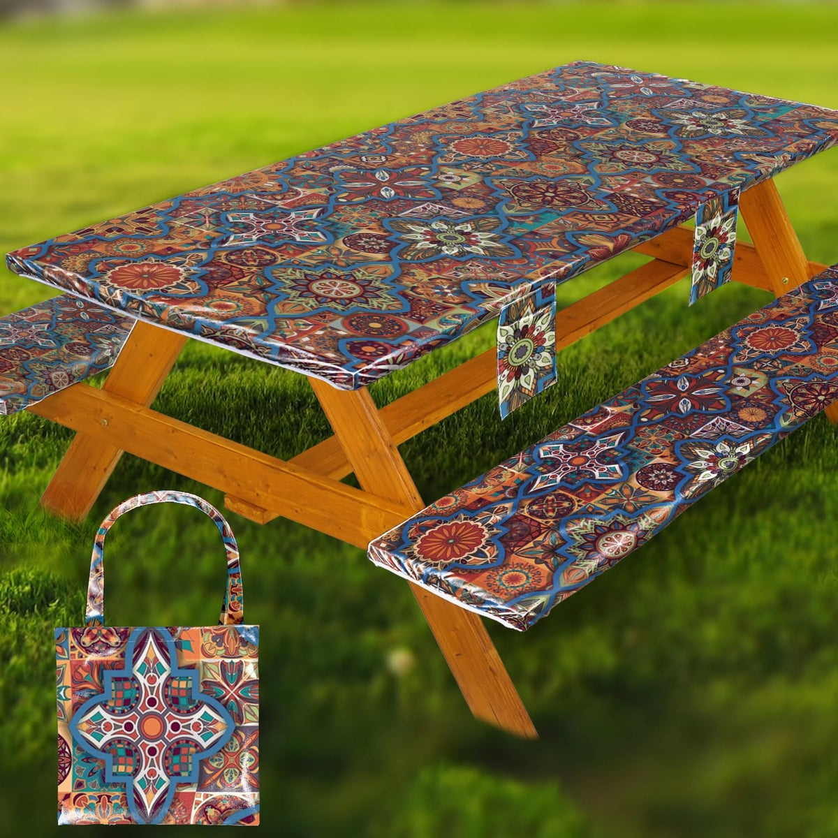Fitted Picnic Table Cover with Bench Covers Vinyl Waterproof Elastic Edges Fitted Rectangle Tables Patio Tablecloth Camping Gear and Essentials Rv Accessories Road Trip Supplies Car Travel Must Haves