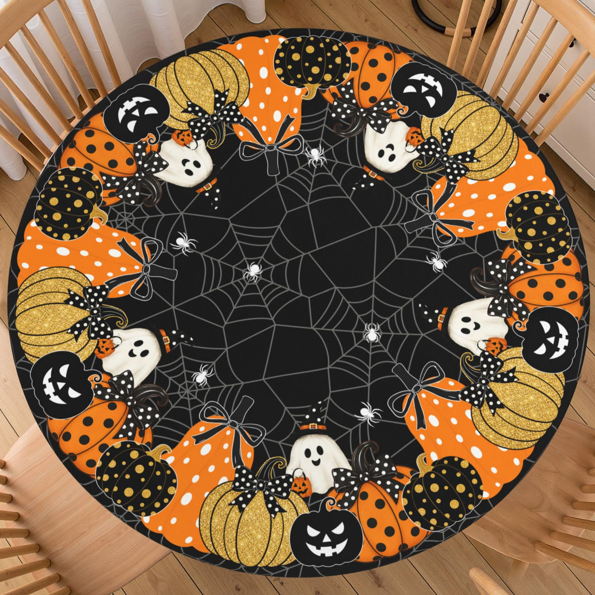 Halloween Polka Dot Round Fitted Tablecloth with Elastic Black Cat Ghost Pumpkin Bat Bowtie Whimsical Table Cloth Decorative Washable Spooky Cute Table Cover Outdoor Kitchen Dining for 44"-48" Table