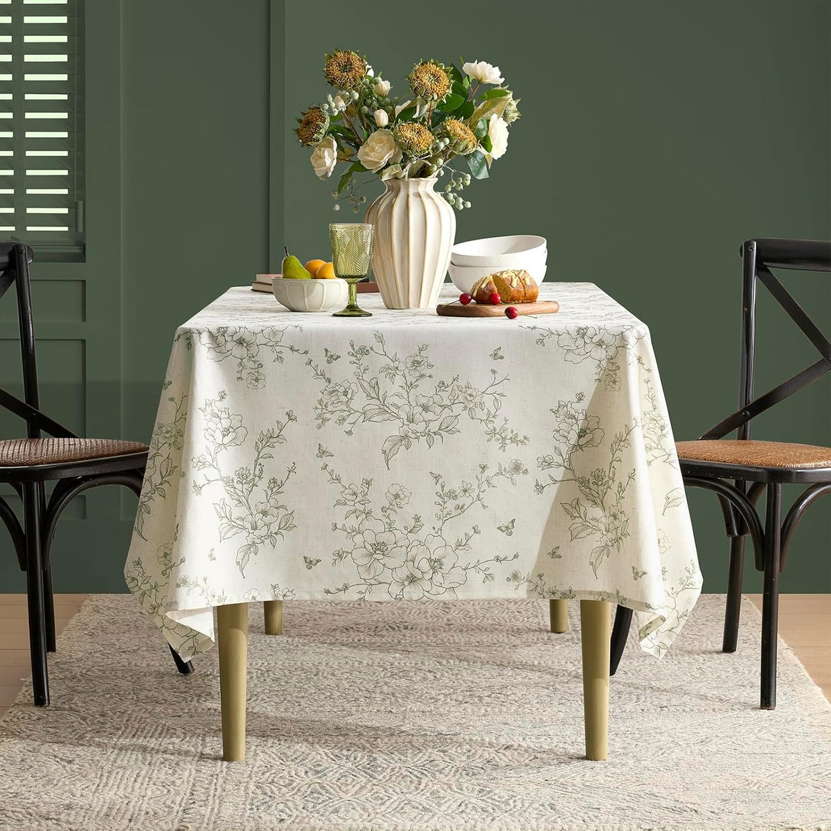 Green Floral Tablecloth Vintage French Rustic Linen Tablecloth Rectangular